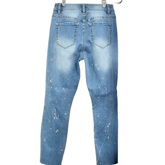 YMI Women's Distressed Splatter Paint Raw Hem Stretch  Blue Denim Jeans Size 5 - Picture 2 of 12